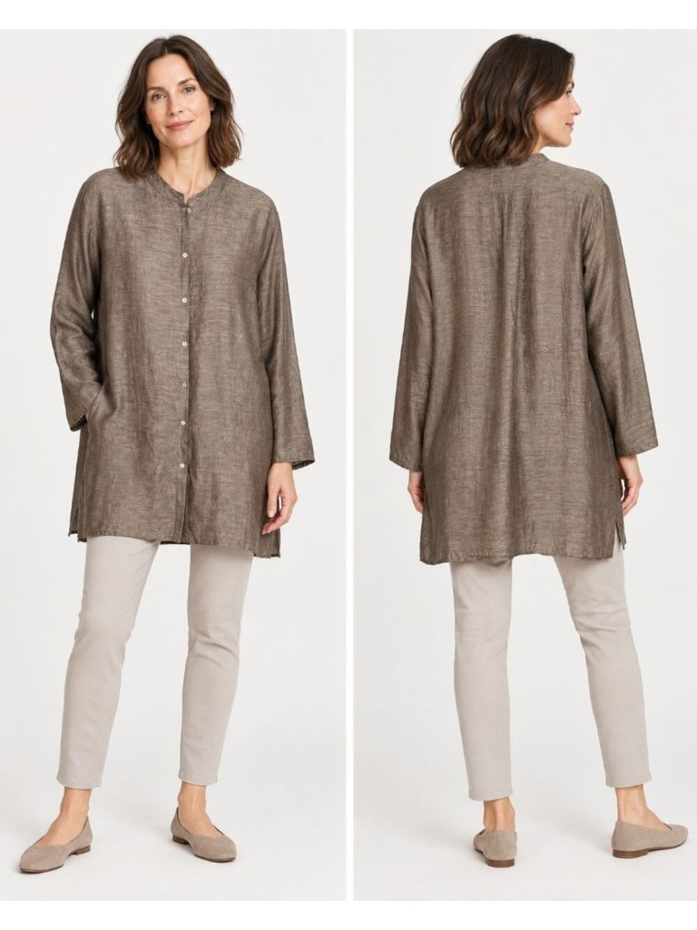 Eileen Fisher Women’s Brown Textured Tunic Blouse Mandarin Collar Large